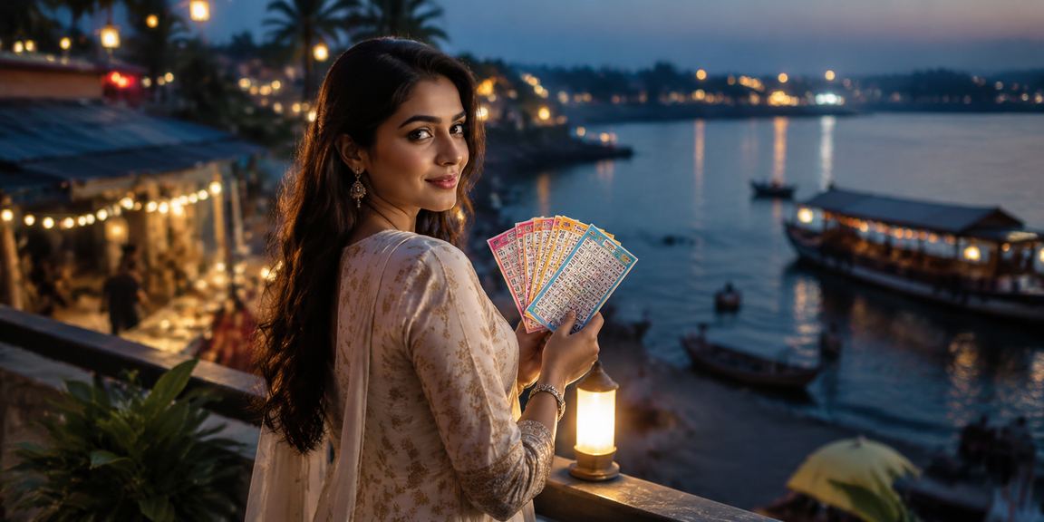 Kerala backwaters with local lottery players enjoying casino-style games online